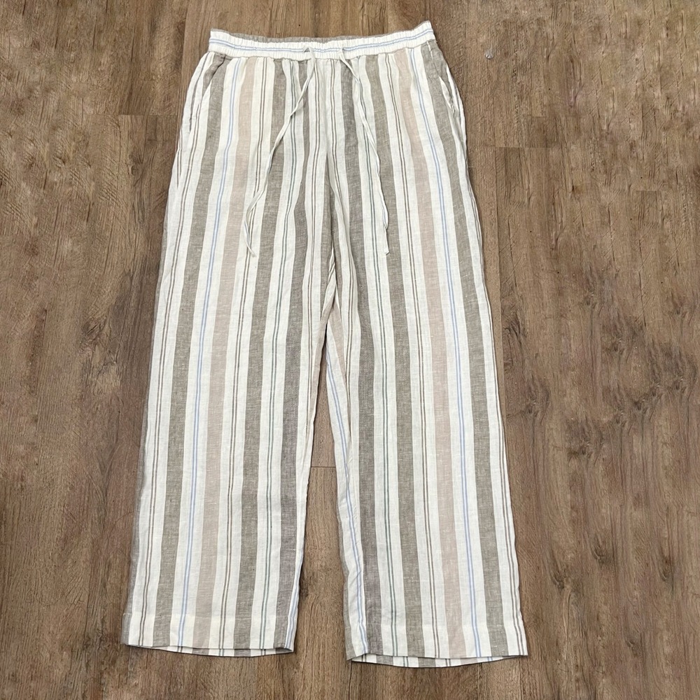 Charter Club Womens Medium Linen Striped Wide Leg Drawstring Pants Beige Blue